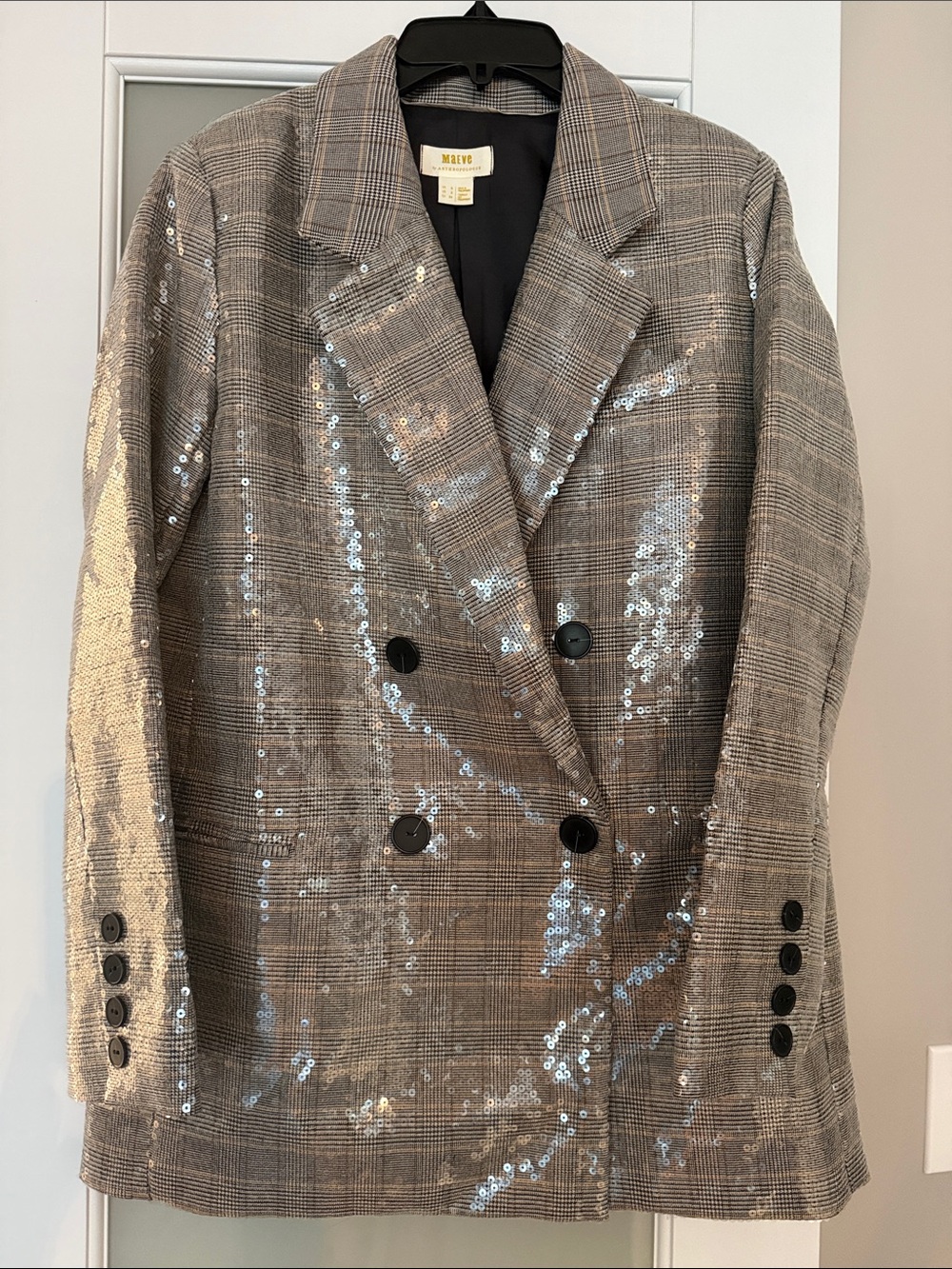 Anthropologie Maeve Sequin Plaid Double-Breasted Blazer in Gray and Black